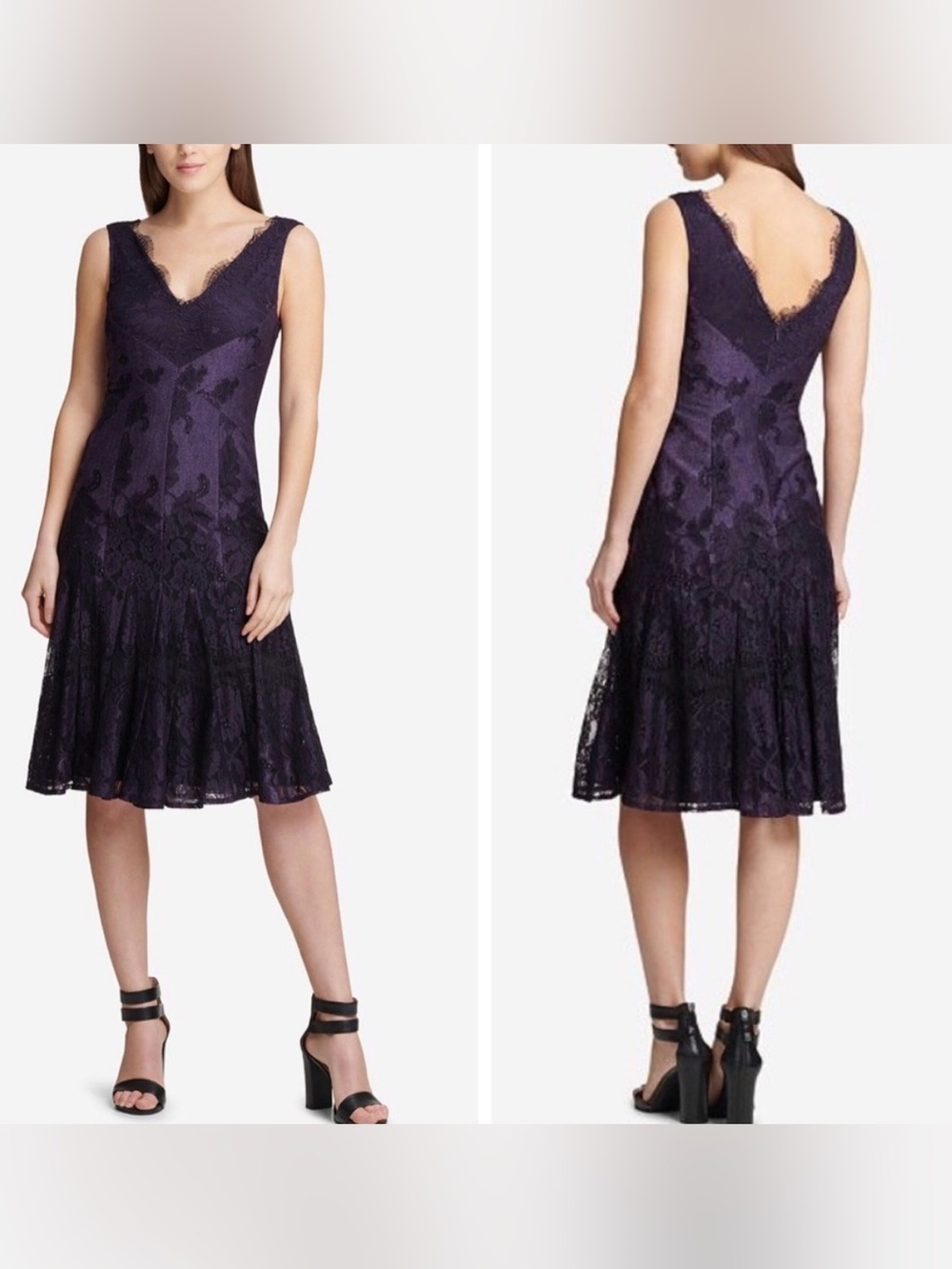 DKNY V-Neck Scalloped Lace Dress